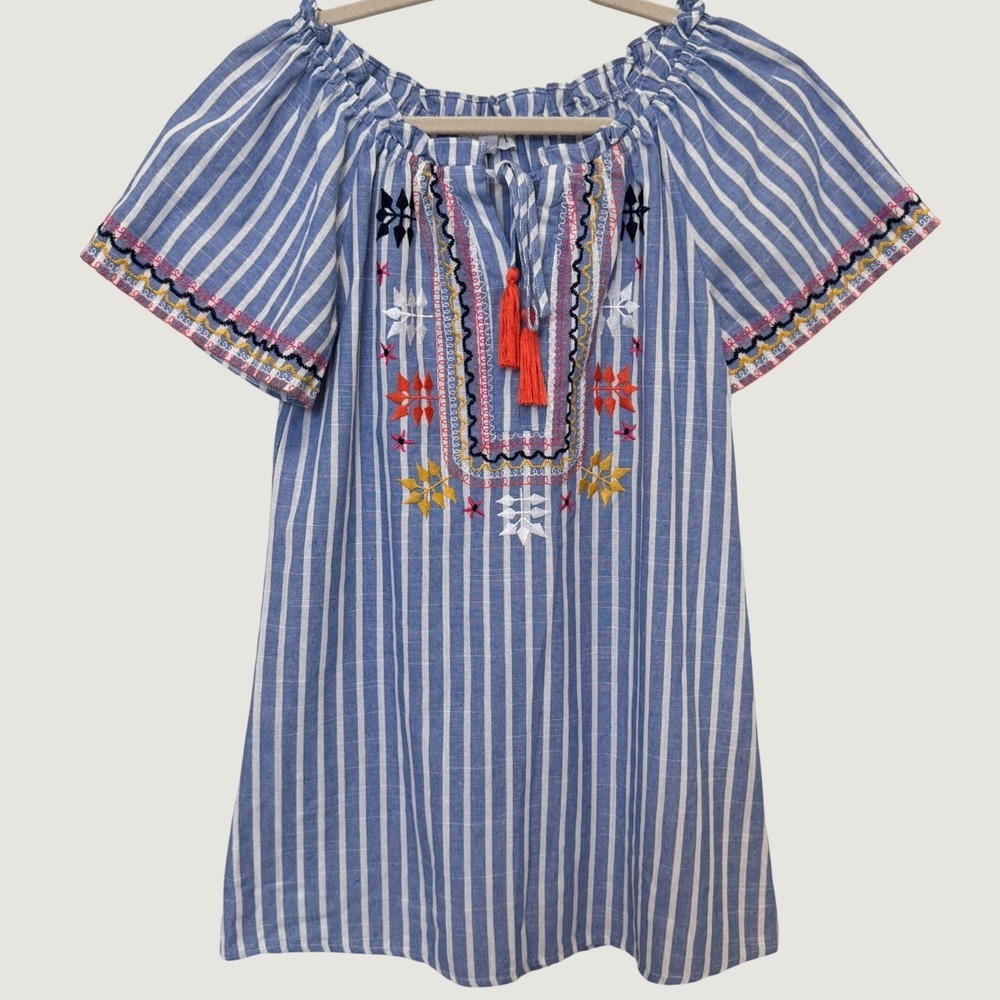 THML Mini Shift Dress XS Blue White Striped Embroidered Tassels Boho Peasant
